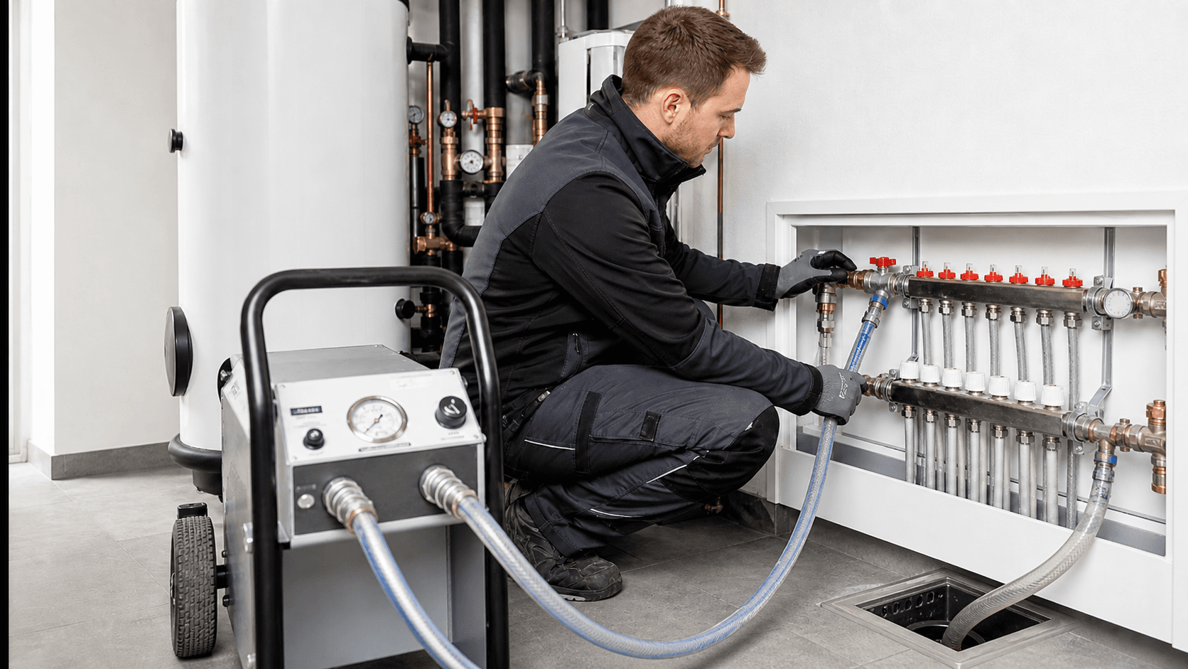 Fußbodenheizungsverteiler bei der professionellen Reinigung