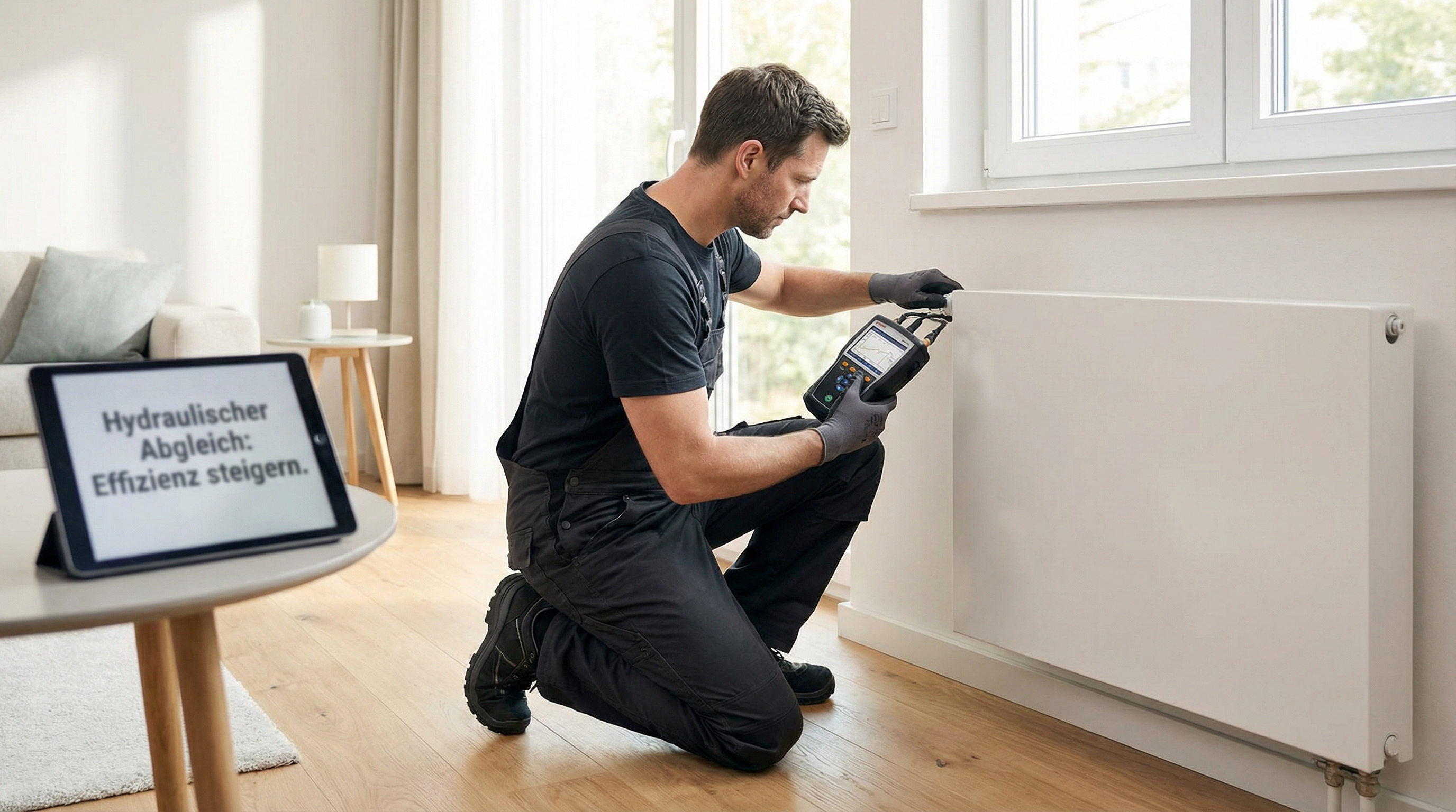 Fachmann beim hydraulischen Abgleich – Einstellen der Heizkörperventile